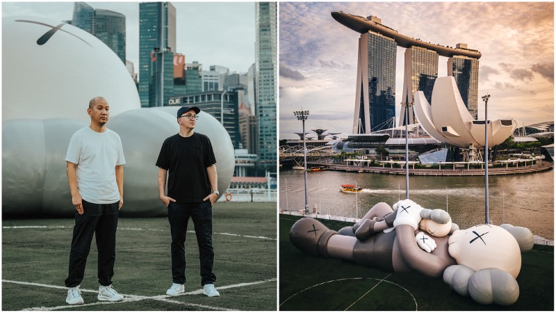 At left, AllRightsReserved founder SK Lam and American artist Brian Donnelly aka Kaws and the installation at The Float @ Marina Bay, at right. Photos: Rkrkrk, Aiksooon
