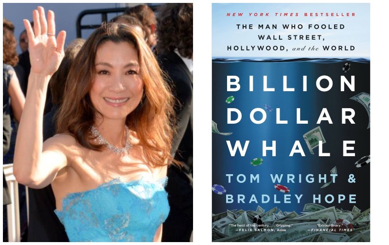 Michelle Yeoh waving at fans, at left, and ‘Billion Dollar Whale’ book cover, at right. Photos: Picasa, Amazon