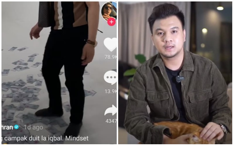 Iqbal stepping on fake money, at left, and him apologizing to his fans online, at right. Photos: Ariff Bahran/TikTok, Ahmad Iqbal/Instagram
