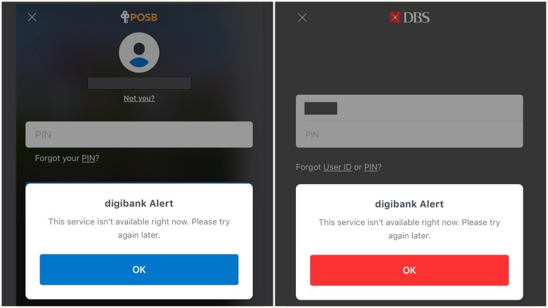 Screenshots of the POSB and DBS Internet banking login pages. Images: POSB Bank, DBS Bank
