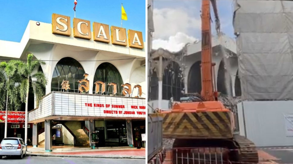 At left, Scala theater intact. At right, its demolition a Monday morning of Nov. 1. Images: Photo: Philip Jablon, Weerapon Singnoi / Foto_Momo