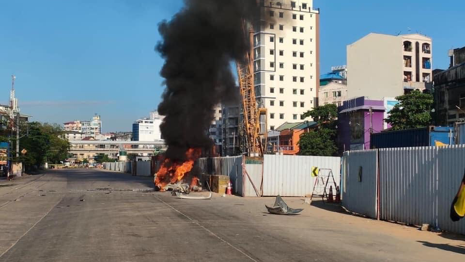 The aftermath of a Wednesday morning car bomb in Yangon’s Lanmadaw Township. Photo: Khit Thit Media