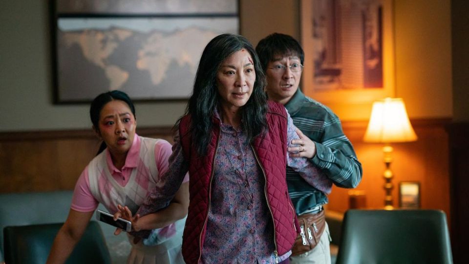 Michelle Yeoh with Stephanie Hsu (left) and Ke Huy Quan (right) in  ‘Everything Everywhere All At Once.’ Photo: Michelle Yeoh/Instagram
