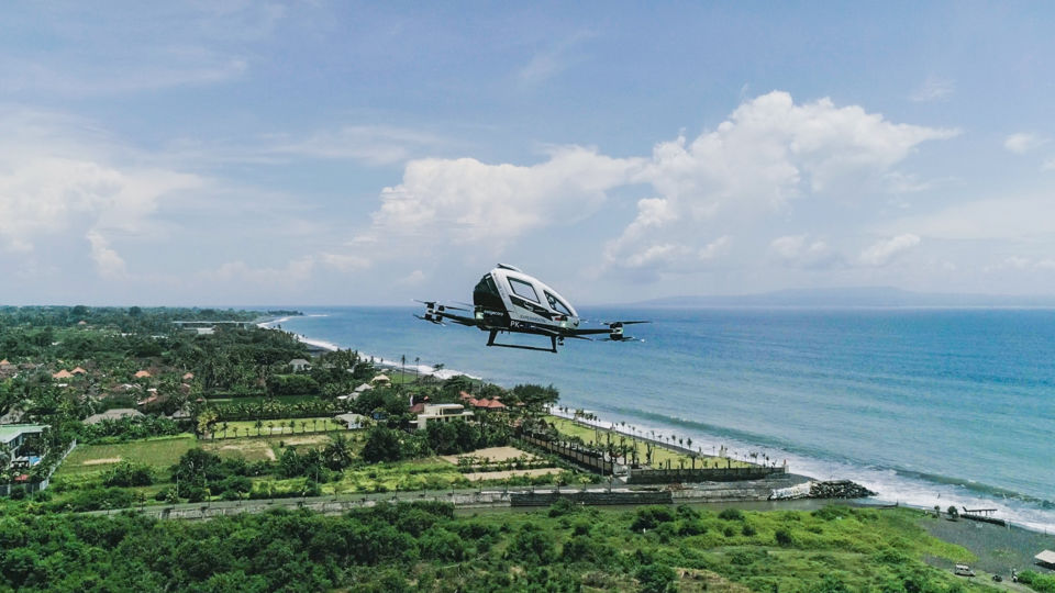 EHang 216, a Chinese-made autonomous aerial vehicle (AAV) with a capacity of two passengers, debuted its first test flight in Bali last week. Photo: EHang