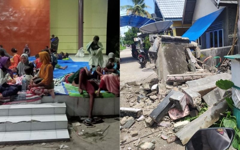 Left, residents displaced by the massive earthquake. Right, a home damaged by the quake in Selayar regency, South Sulawesi. Photos: BNPB 