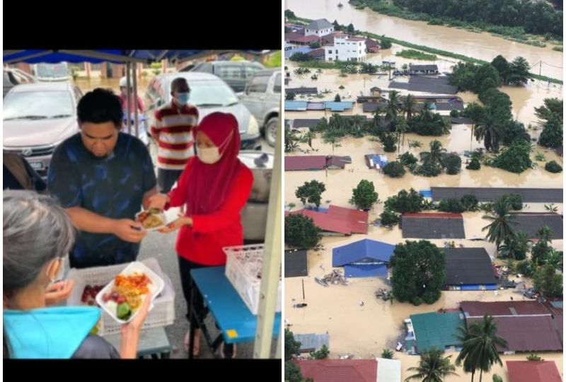 The unknown couple distributing food to flood victims, at left, and aerial view of floods in Selangor, at right. Photos: Erin Suhaimi/TikTok, Azreen Natasha/Twitter.
