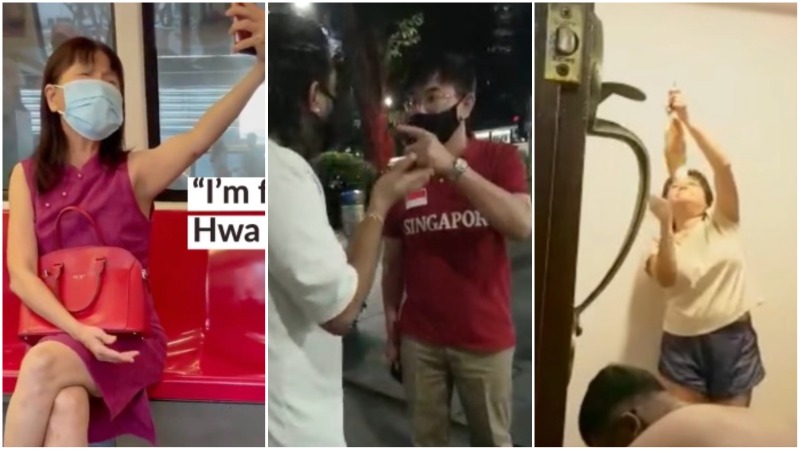 From left to right: A now-infamous racist woman being racist on the train, a man harassing an interracial couple in Orchard, and a woman striking a gong to mock her neighbor. Photos: Ryan Kalmani/Twitter, Dave Park Ash/Facebook, Livanesh Ramu/Facebook
