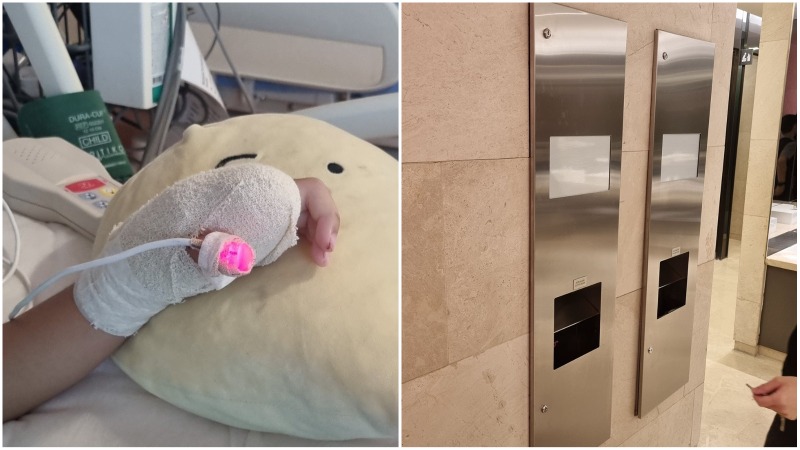 At left, a 5-year-old’s amputated hand, and the hand dryer machines at Ion Orchard, at right. Photos: Nick Matthew Chia/Facebook
