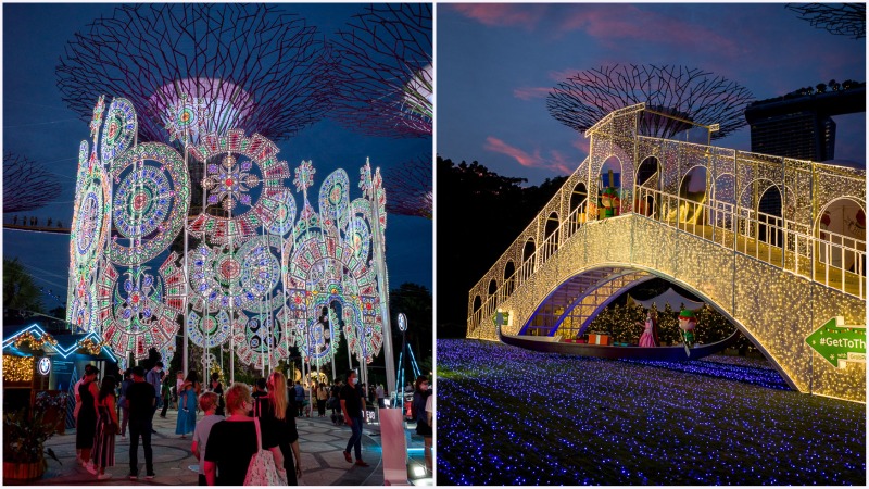 The seven-story Spalliera light sculpture, at left, and the 100,000-LED lights bridge, at right. Photo: Carolyn Teo/Coconuts
