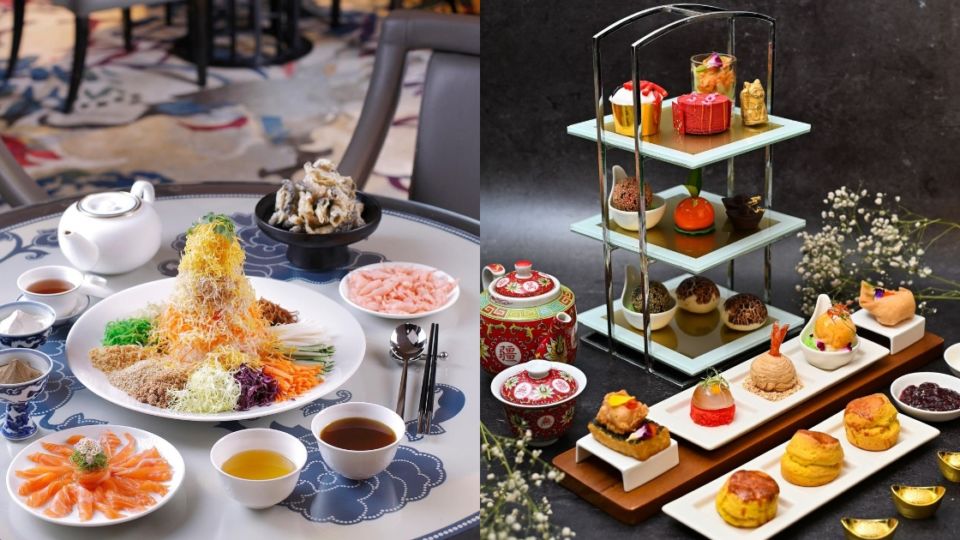 Yusheng salad at Mandarin Oriental Jakarta (L) and Chinese New Year High Tea at Shangri-La Jakarta (R). Photo: Instagram/@mo_jakarta & @shangrilajkt