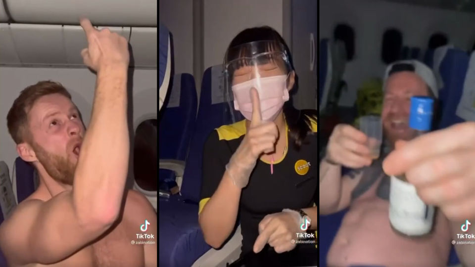 A flight attendant tries to stop a party that just won’t stop. Images: TikTok/Zabination