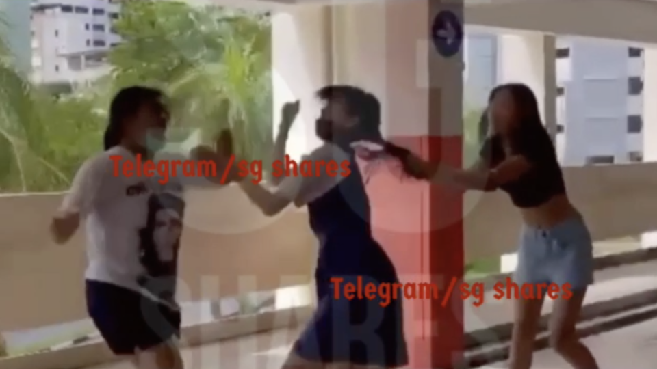 Two girls bully a student in a carpark. Photo: Sgshares/Telegram
