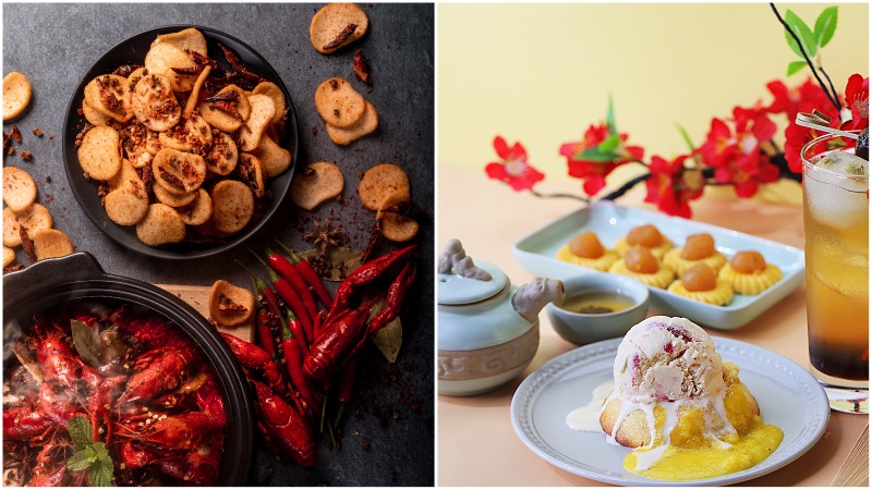 At left, Golden Moments’ crawfish crackers, Creamery Boutique Ice Creams’ pineapple tart lava cake, at right. and Photo: Golden Moments, Creamery Boutique Ice Creams
