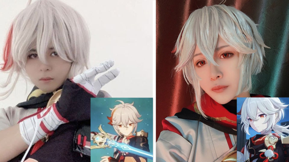 Some fans of ‘Genshin Selca’ posted selfies Wednesday in full cosplay. Characters inset. Photos: Title8118, That_Kwang_AZ / Twitter