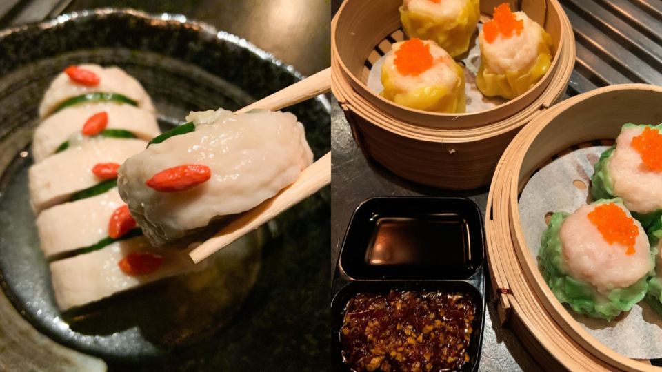 Chinese drunken chicken, at left, and shrimp and pork shumai dumplings, at right. Photo: Coconuts Bangkok