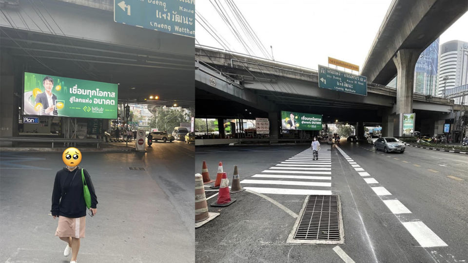 At left, the markings all but gone from the pavement below the Sukhumvit Expressway. At right, what it looked like Friday morning after the image went viral. Photos: Punnaporn Hemrachatanant / Facebook