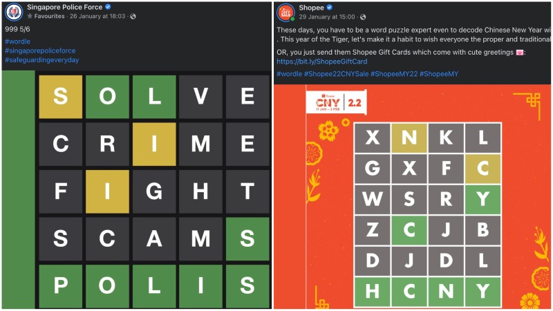 Attempts from Singapore’s organizations and brands at the viral word game Wordle. Photos: Singapore Police Force/Facebook, Shopee/Facebook
