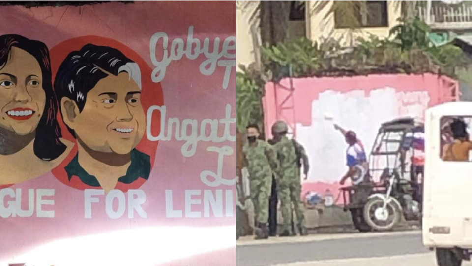 Online furor emerged after Commission on Elections personnel painted over a mural in support of Vice President Leni Robredo and her running mate, Kiko Pangilinan that stood on private property. Image: Isabela Para Kay Leni-Kiko