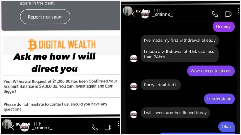 Instagram user Av.drey promotes a Bitcoin investment scheme online. Photos: Av.drey/Instagram
