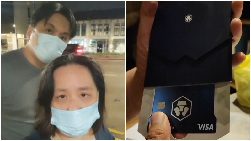 At left, Iris Koh and her husband Raymond Ng, and Koh’s crypto debit card, which is definitely not a scam, at right. Photos: Iris Koh/ Facebook
