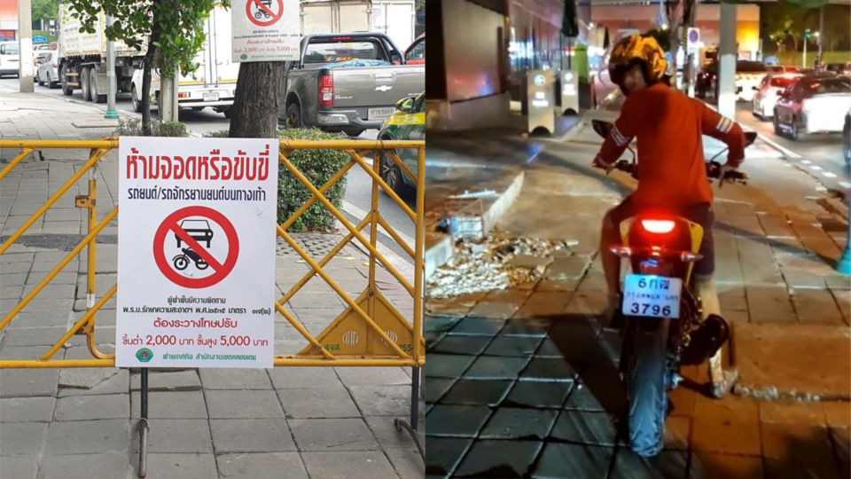 A footpath near the Phra Khanong Intersection was blocked Thursday by a barrier, at left, and Saroj Sae-ung rides away down the same sidewalk in a still image from video filmed Monday night, at right. Images: Coconuts Bangkok, Preeyanut Panmuang