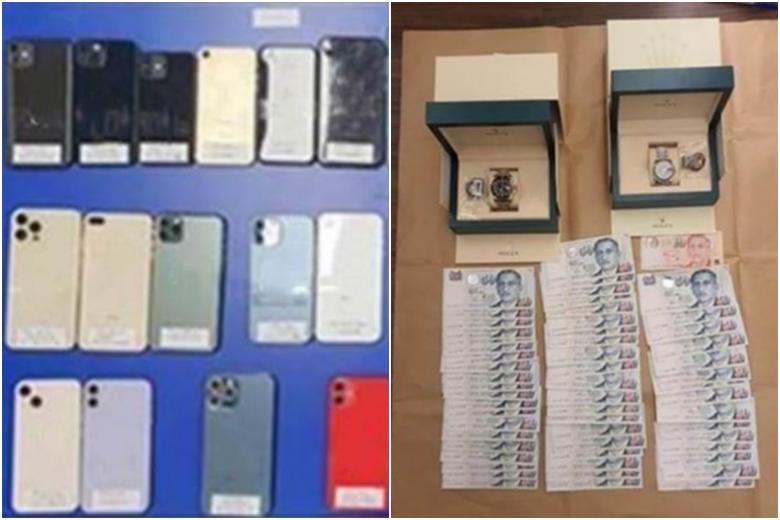 Phones, cash, and Rolex watches seized from the suspects. Photo: SPF
