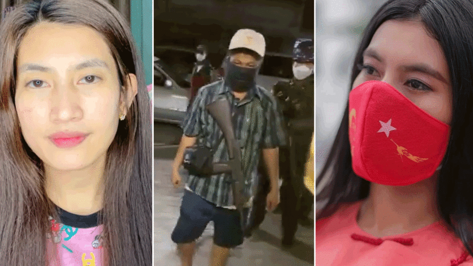 Myanmar model Thin Thin discusses her abduction Wednesday night, at left. One of the paramilitaries who seized her, at center, and Thin Thin in a September 2020 photo, at right. All images: Thin Thin / Facebook