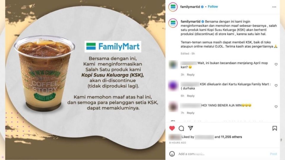 We never expected that the absence of an es kopi (iced latte) would break our caffeinated hearts this much, as Japanese convenience store chain Family Mart today announced that they would discontinue their popular Kopi Susu Keluarga (KSK). Screenshot from Instagram/@familymartid