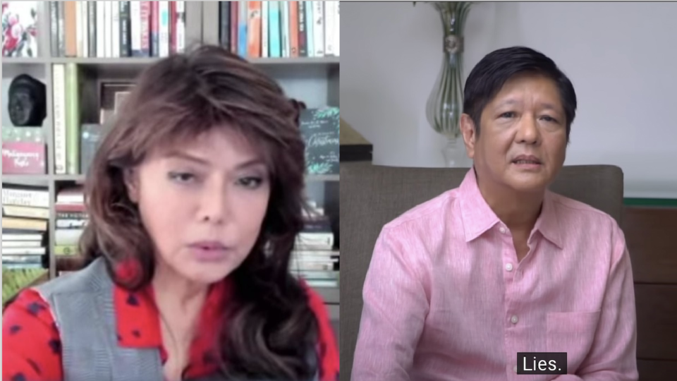 Imee Marcos advises brother Bongbong to attend debates. Screenshots: Senator Imee Marcos / Toni Gonzaga (Facebook / YouTube)