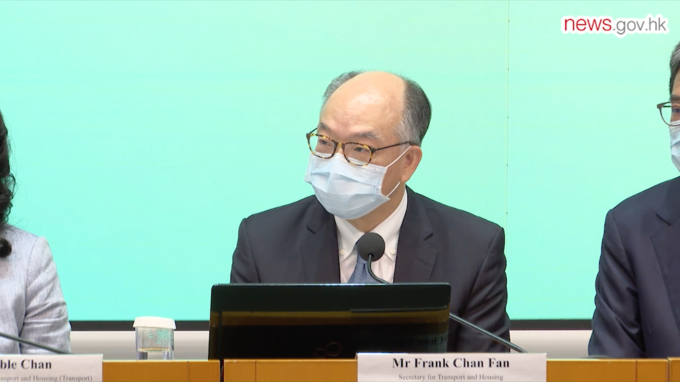 Secretary for Transport and Housing Frank Chan says public transport will still run during Hong Kong’s mass COVID-19 testing program. (Screengrab of a video by news.gov.hk)