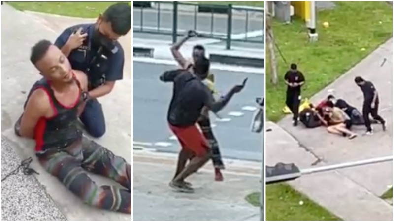 An unidentified man swings his sword at people today in Buangkok. Photos: Whatsapp, Busy-Bug-6232/Reddit
