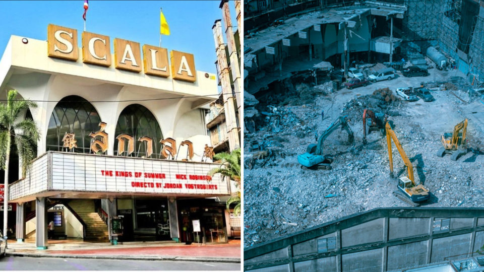 Bangkok’s Scala theater before, at left, and recently, at right. Photos: Philip Jablon / Weerapon “Beer” Singnoi 
