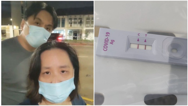 Anti-vaxxers Iris Koh and her husband, with her positive COVID-19 test. Photos: Iris Koh
