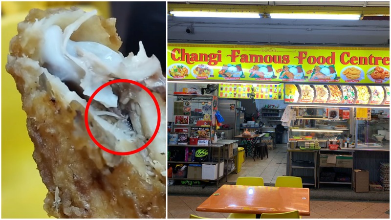 The maggot-infested chicken and the stall in Changi Village. Photos: Irvin Yio
