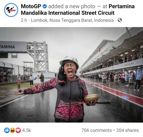 A screengrab rom MotoGP’s official Facebook account showing rain shaman Rara Istiani Wulandari “in action” during the 2022 Indonesia MotoGP at Mandalika Circuit in Lombok, West Nusa Tenggara, over the weekend.