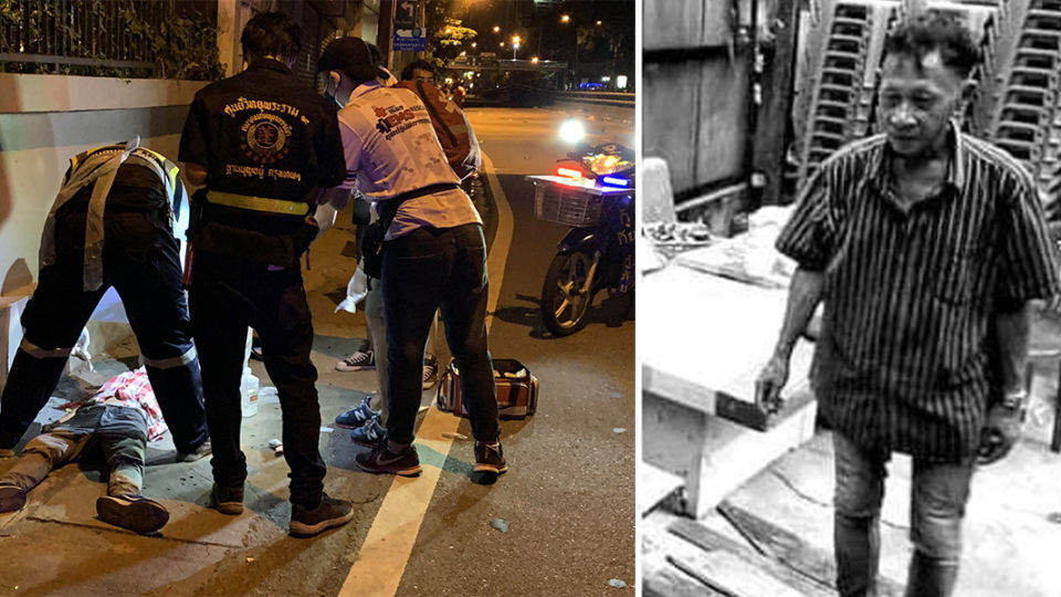At left, medics tend to Mana Hongthong after he was shot in the head in August 2021 near the Din Daeng Police Station. At right, Mana in an undated file photo circulating online. Photos: TLHR