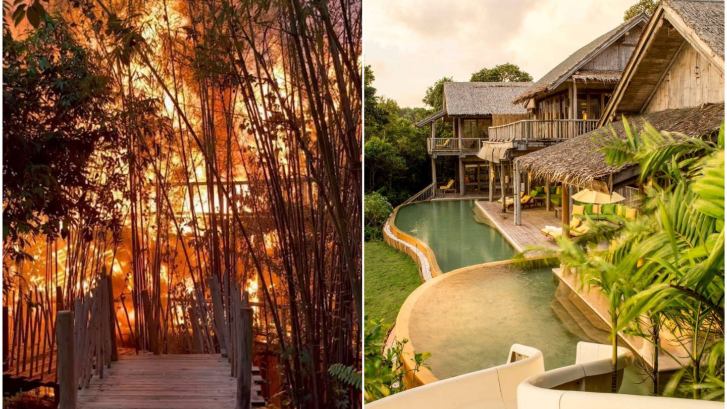 At left, an inferno devastates the villa residence of Jiraporn Arunakul, a pediatrician who was staying on Koh Kut at Soneva Kiri with her family. At right, a file photo of the resort. 