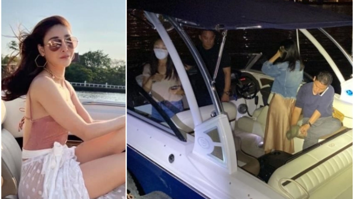 A file photo of actress Nida “Tangmo” Patcharaveerapong, at left, and her friends on the speedboat she fell from into the Chao Phraya River, at right.