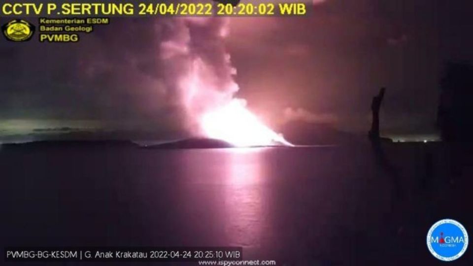 Anak Krakatoa has continuously erupted since early April, with the latest occurring on Sunday at 8:20pm, sending a massive plume of smoke and ash as high as 3,000 meters above the volcano’s peak or 3,157 meters above sea level. Lava sparks have been spotted in the eruptions in the past two days. Photo: PVMBG