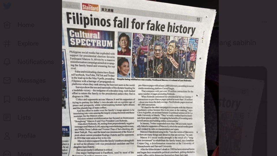 A photo of a story about Filipinos falling for fake history ran in Hong Kong-based newspaper The Standard. Image: Twitter