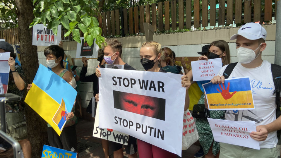 Ukranians gathered to protest in front of the Russian Embassy in late February. Photo: Nicky Tanskul