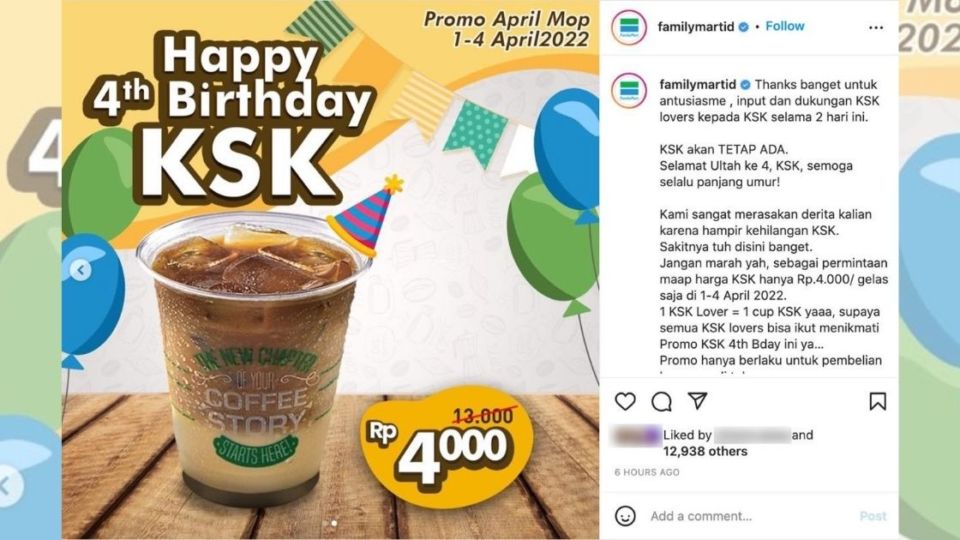 It’s been two days since Family Mart Indonesia announced that they would discontinue their popular es kopi (iced latte), Kopi Susu Keluarga (KSK), only for them to reveal today what some had suspected: that the announcement was an elaborate April Fools’ joke (though clearly a highly mistimed one). Screenshot from Instagram/@familymartid