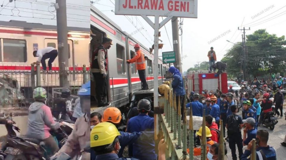 A man who miraculously survived after his car was hit by a KRL Commuterline train on a railway crossing in the Cipayung district of Depok, West Java, on Wednesday morning may now face legal consequences for trespassing and disrupting public services. Screenshots from Twitter and Instagram/@damkar_depok