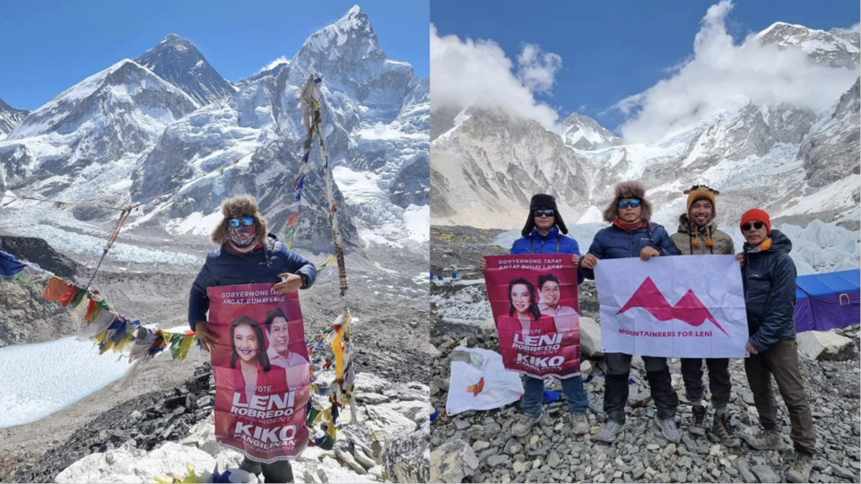 Mountaineers showcase their support for Leni Robredo and Kiko Pangilinan atop the Everest Base Camp. Image: Mountaineers for Leni and Kiko (Facebook)