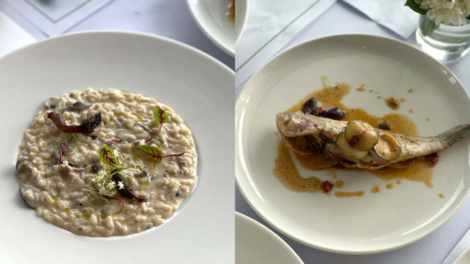 Two dishes from the Secondi (mains) lineup at Oma Elly on 56: Mushroom Risotto (L) and Grouper Puttanesca (R). Photo: Nadia Vetta Hamid for Coconuts Media