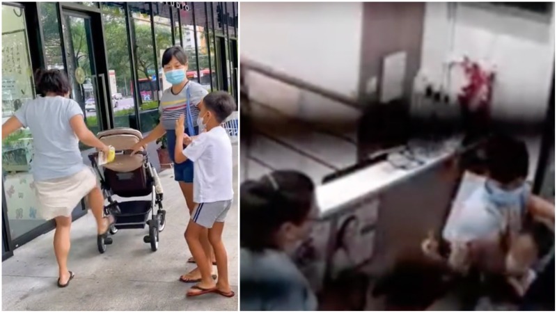 A clinic receptionist takes out her frustration on a pram, at left, after a heated encounter inside, at right. Images: Jenny_lethu/TikTok, Everhealth Medical
