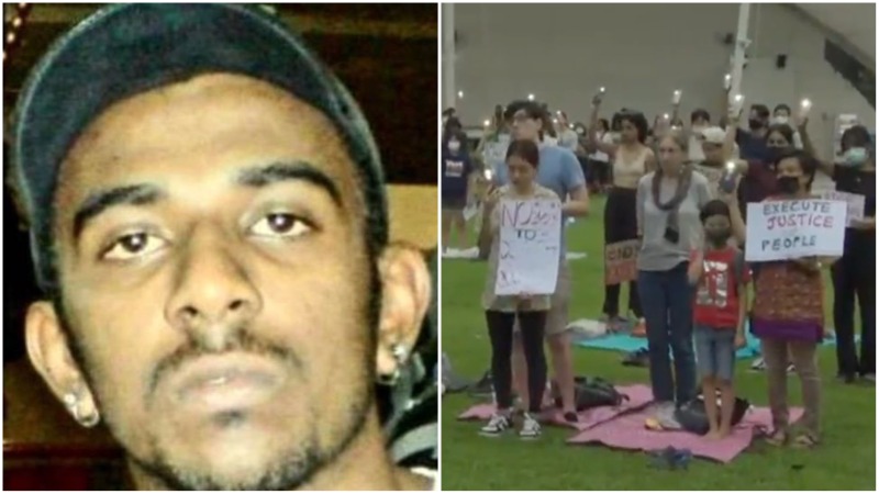 Nagaenthran “Nagan” Dharmalingam, in a file photo at left, and protesters in Hong Lim Park yesterday, at right. Photo: Transformative Justice Collective/Facebook
