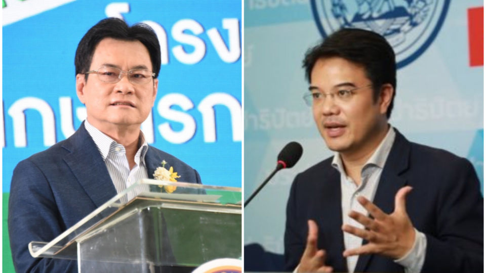 A file photo of Democrat Party leader Jurin Laksanawisit, at left, and Prinn Panitchpakdi, at right. Photos: Democrat Party