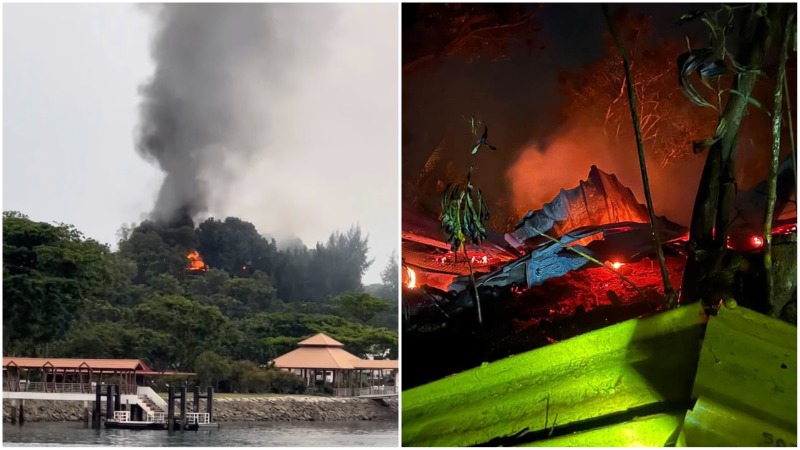 The fire on Kusu Island yesterday evening. Photos: Vitor Hong/Facebook, SCDF/Facebook
