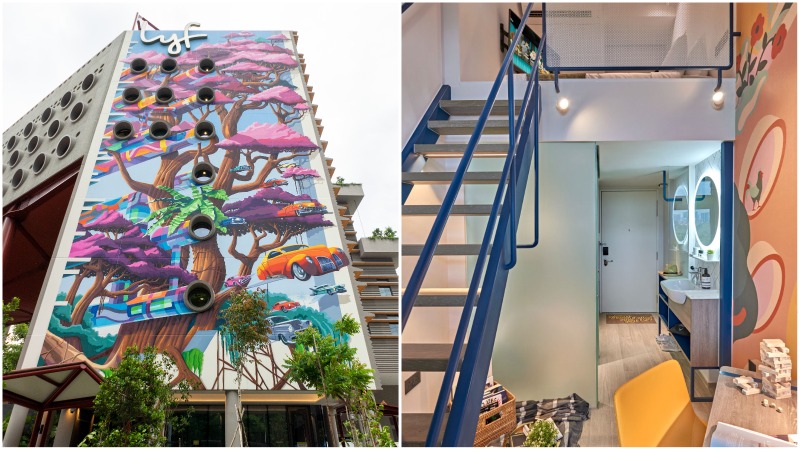 At left, Lyf’s seven-storey mural and its loft apartment, at right. Photos: Mural Lingo, Lyf
